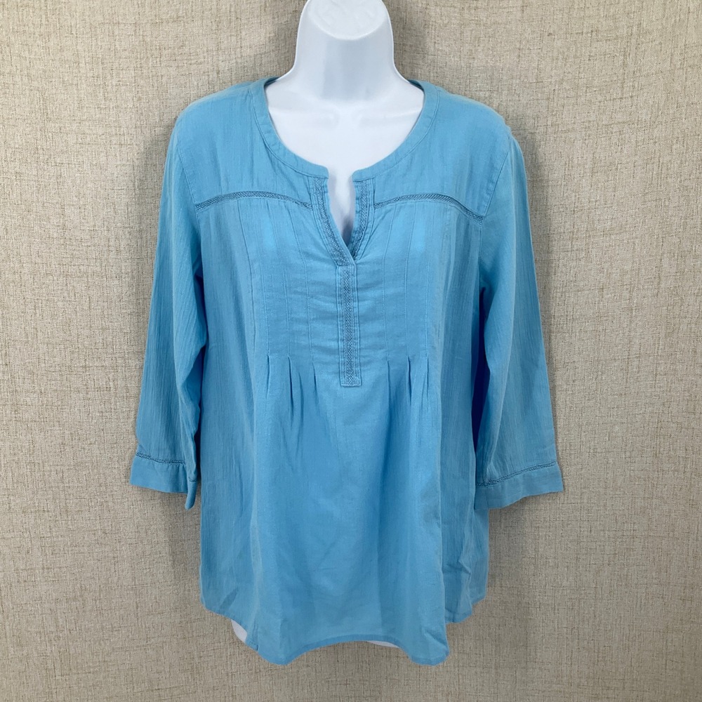 J. Jill Blouse Women XS Blue Cotton Gauze‎ Split Neck Lace Trim Boho Minimalist
